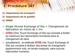 • Single Minute Exchange of Die = Changement de
fabrication en moins de 1 mn
• OTED (One Touch Exchange of Die) qui consiste à limiter
au maximum les interventions humaines dans le
changement de série
• actuellement : la méthode NTED (No Touch Exchange of
Die) qui consiste à réaliser des temps de changement
apparemment nuls, en temps masqués, sans aucune
intervention humaine.
I. Procédure JAT
2/ Importance du transport
3/ Importance de la qualité
4/ SMED
 