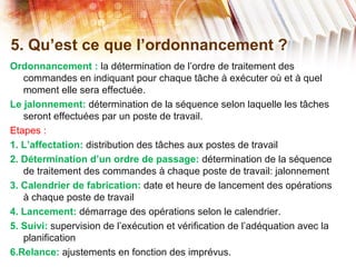 5. Qu’est ce que l’ordonnancement ?
Ordonnancement : la détermination de l’ordre de traitement des
commandes en indiquant pour chaque tâche à exécuter où et à quel
moment elle sera effectuée.
Le jalonnement: détermination de la séquence selon laquelle les tâches
seront effectuées par un poste de travail.
Etapes :
1. L’affectation: distribution des tâches aux postes de travail
2. Détermination d’un ordre de passage: détermination de la séquence
de traitement des commandes à chaque poste de travail: jalonnement
3. Calendrier de fabrication: date et heure de lancement des opérations
à chaque poste de travail
4. Lancement: démarrage des opérations selon le calendrier.
5. Suivi: supervision de l’exécution et vérification de l’adéquation avec la
planification
6.Relance: ajustements en fonction des imprévus.
 