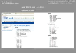 Ban de Gasperich
"vers un développement durable"
NUMEROTATION DES DOCUMENTS
(Automatic scrolling )
Séance d'information sur la plate-forme CRTI-weB©
mardi 02 juillet 2013 - Chambre des Métiers
 