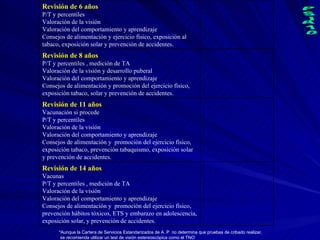 *Aunque la Cartera de Servicios Estandarizados de A. P. no determina que pruebas de cribado realizar, se recomienda utilizar un test de visión estereoscópica como el TNO Revisión de 14 años Vacunas P/T y percentiles , medición de TA Valoración de la visión Valoración del comportamiento y aprendizaje Consejos de alimentación y  promoción del ejercicio físico, prevención hábitos tóxicos, ETS y embarazo en adolescencia, exposición solar, y prevención de accidentes. Revisión de 11 años Vacunación si procede P/T y percentiles  Valoración de la visión Valoración del comportamiento y aprendizaje Consejos de alimentación y  promoción del ejercicio físico, exposición tabaco, prevención tabaquismo, exposición solar y prevención de accidentes. Revisión de 8 años P/T y percentiles , medición de TA Valoración de la visión y desarrollo puberal Valoración del comportamiento y aprendizaje  Consejos de alimentación y promoción del ejercicio físico, exposición tabaco, solar y prevención de accidentes. Revisión de 6 años P/T y percentiles  Valoración de la visión Valoración del comportamiento y aprendizaje Consejos de alimentación y ejercicio físico, exposición al tabaco, exposición solar y prevención de accidentes. 
