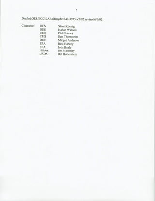 5

Drafied:OES/EGC:DA~eifsnyder:647-.3935 :6/5/02:revised 6/6/02

Clearance:   OES:          Steve Koenig
             OES:          Harlan Watson
             CEQ:          Phil Cooney
             CEQ:          Sam Thernstrom
             DOE:          Margot Anderson
             EPA:          Reid Harvey
             EPA:          John Beale
             NOAA:         Jim Mahoney
             USDA:         Bill Hohenstein
 