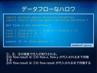 データフローなハロワ
import groovyx.gpars.dataflow.DataFlows
import static groovyx.gpars.dataflow.DataFlow.*
def flow = new DataFlows()
task { flow.result = flow.x + flow.y } //
task { flow.x = 10 } //
task { flow.y = 5 } //
assert 15 == flow.result //
                                     dataflow01.groovy


①、②、③の順番で代入が実行される。
②の flow.result は ①の flow.x, flow.y が代入されるまで待機
する
③の flow.result は ①の flow.result が代入されるまで待機する
 