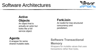 Software Architectures

            Active
            Objects                       Fork/Join
            An object that is             An toolkit for tree structured
            actually an actor but         concurrency and
            looks like a full             parallelism.
            service object.


   Agents
   A wrapper for some
                                    Software Transactional
   shared mutable state.            Memory
                                    Wrappers for mutable values that uses
                                    transactions rather than locks.
 