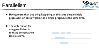 Parallelism
 ■ Having more than one thing happening at the same time: multiple
   processors or cores working on a single program at the same time.

 ■ The only reason for
   using parallelism is
   to make computations
   take less time.
 