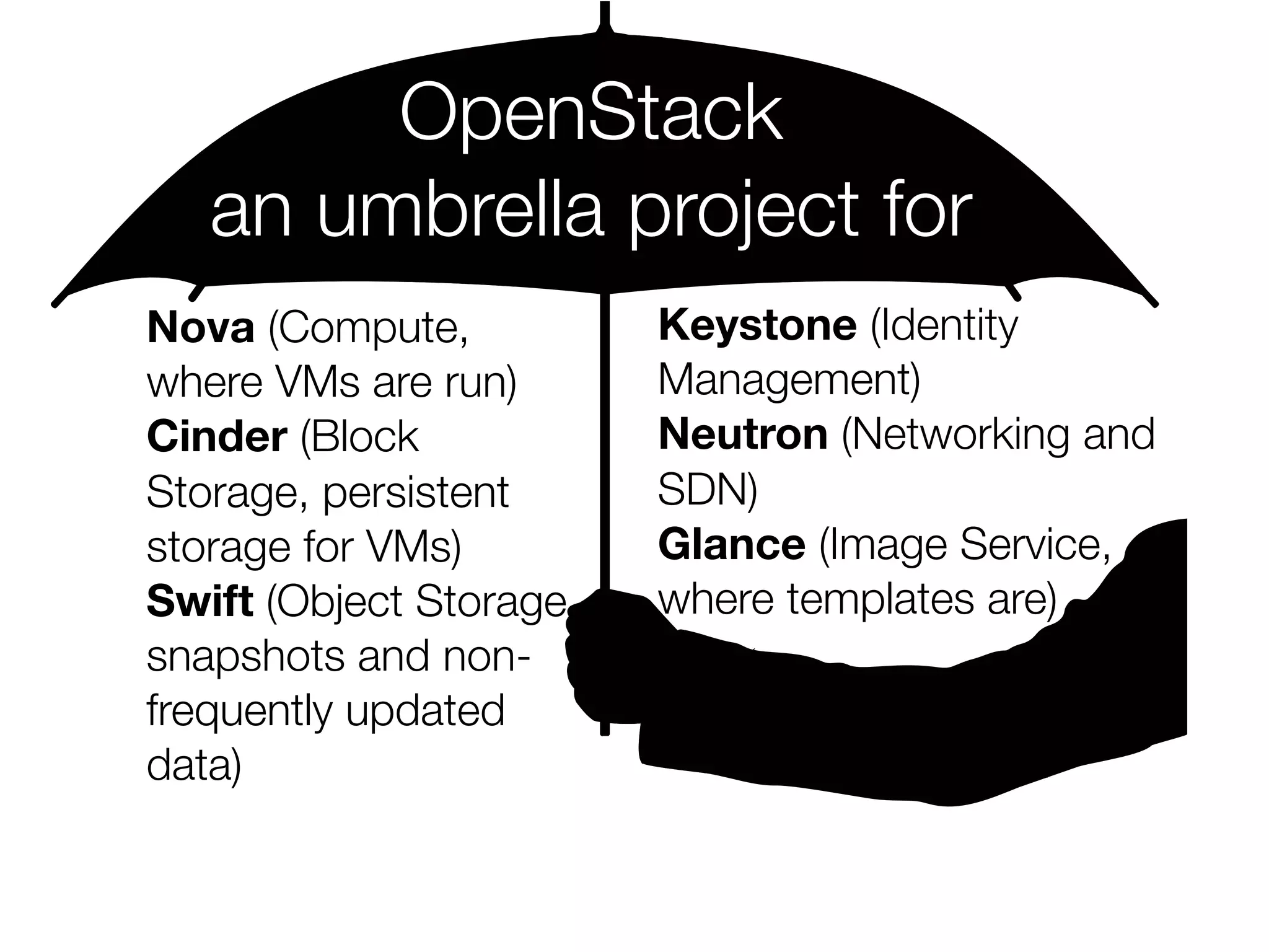 OpenStack
an umbrella project for
Nova (Compute,
where VMs are run)
Cinder (Block
Storage, persistent
storage for VMs)
Swift (Object Storage,
snapshots and nonfrequently updated
data)

Keystone (Identity
Management)
Neutron (Networking and
SDN)
Glance (Image Service,
where templates are)

 