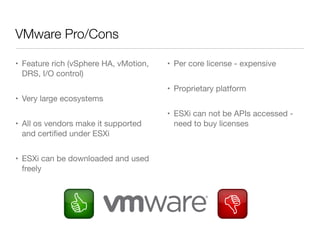 VMware Pro/Cons
• Feature rich (vSphere HA, vMotion,
DRS, I/O control)

• Per core license - expensive
• Proprietary platform

• Very large ecosystems
• All os vendors make it supported
and certiﬁed under ESXi
• ESXi can be downloaded and used
freely

• ESXi can not be APIs accessed need to buy licenses

 
