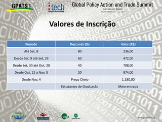 Valores de Inscrição
Período Desconto (%) Valor (R$)
Até Set, 8 80 236,00
Desde Set, 9 até Set, 29 60 472,00
Desde Set, 30 até Out, 20 40 708,00
Desde Out, 21 a Nov, 3 20 974,00
Desde Nov, 4 Preço Cheio 1.180,00
Estudantes de Graduação Meia-entrada
 