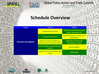 Schedule Overview
11/nov 12/nov 13/nov
Sessão de boas vindas
Políticas de mercado livre para
Bens e Serviços de TIC
Por que TIC importa?
Dimensionamento do setor de TI
globalmente
Modelos de políticas públicas que
proporcionam a prometida Era Digital
Aplicações inovativas de
tecnologia por jovens
A encruzilhada na governança da
internet
Resumo GPATS
Criação de um sistema global cyber-
imune
GPATS 2015
Encontros de negócios
 