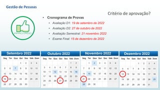 Critério de aprovação?
• Cronograma de Provas
• Avaliação D1: 19 de setembro de 2022
• Avaliação D2: 27 de outubro de 2022
• Avaliação Semestral: 21 novembro 2022
• Exame Final: 15 de dezembro de 2022
2
Gestão de Pessoas
 