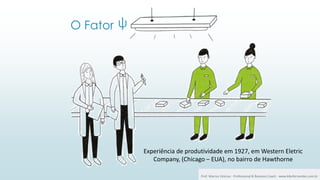 Prof. Marcus Vinicius - Professional & Business Coach - www.kikofernandes.com.br
O Fator
22
Experiência de produtividade em 1927, em Western Eletric
Company, (Chicago – EUA), no bairro de Hawthorne
ψ
 