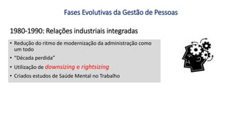 1980-1990: Relações industriais integradas
• Redução do ritmo de modernização da administração como
um todo
• “Década perdida”
• Utilização de downsizing e rightsizing
• Criados estudos de Saúde Mental no Trabalho
Fases Evolutivas da Gestão de Pessoas
 