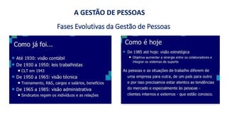 A GESTÃO DE PESSOAS
Fases Evolutivas da Gestão de Pessoas
 