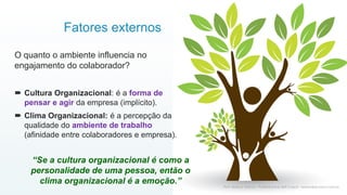 O quanto o ambiente influencia no
engajamento do colaborador?
 Cultura Organizacional: é a forma de
pensar e agir da empresa (implícito).
 Clima Organizacional: é a percepção da
qualidade do ambiente de trabalho
(afinidade entre colaboradores e empresa).
26
Prof. Marcus Vinicius - Professional & Self Coach - www.kfpscoach.com.br
“Se a cultura organizacional é como a
personalidade de uma pessoa, então o
clima organizacional é a emoção.”
Fatores externos
 