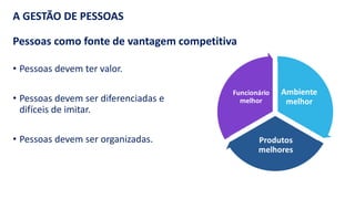 Pessoas como fonte de vantagem competitiva
• Pessoas devem ter valor.
• Pessoas devem ser diferenciadas e
difíceis de imitar.
• Pessoas devem ser organizadas.
A GESTÃO DE PESSOAS
 