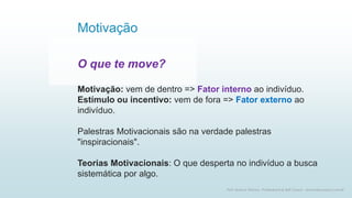 Motivação
5
Prof. Marcus Vinicius - Professional & Self Coach - www.kfpscoach.com.br
O que te move?
Motivação: vem de dentro => Fator interno ao indivíduo.
Estímulo ou incentivo: vem de fora => Fator externo ao
indivíduo.
Palestras Motivacionais são na verdade palestras
"inspiracionais".
Teorias Motivacionais: O que desperta no indivíduo a busca
sistemática por algo.
 