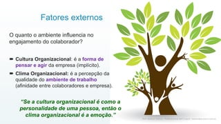 O quanto o ambiente influencia no
engajamento do colaborador?
 Cultura Organizacional: é a forma de
pensar e agir da empresa (implícito).
 Clima Organizacional: é a percepção da
qualidade do ambiente de trabalho
(afinidade entre colaboradores e empresa).
6
Prof. Marcus Vinicius - Professional & Self Coach - www.kfpscoach.com.br
“Se a cultura organizacional é como a
personalidade de uma pessoa, então o
clima organizacional é a emoção.”
Fatores externos
 