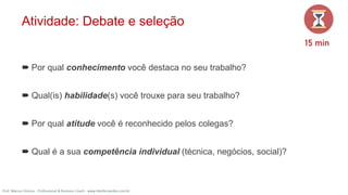 Atividade: Debate e seleção
23
15 min
 Por qual conhecimento você destaca no seu trabalho?
 Qual(is) habilidade(s) você trouxe para seu trabalho?
 Por qual atitude você é reconhecido pelos colegas?
 Qual é a sua competência individual (técnica, negócios, social)?
Prof. Marcus Vinicius - Professional & Business Coach - www.kikofernandes.com.br
 