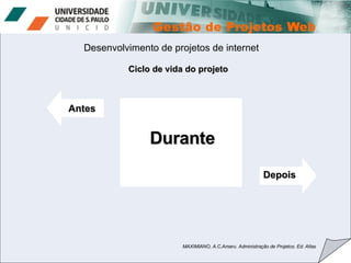 Desenvolvimento de projetos de internet Ciclo de vida do projeto MAXIMIANO, A.C.Amaru. Administração de Projetos. Ed. Atlas Antes Depois Durante 