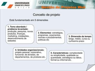 Conceito de projeto Está fundamentado em 5 dimensões 1. Tema abordado / problema levantado:  produção, pesquisa, novos produtos, finanças, marketing, instalações, desenvolvimento de websites 2. Elementos:  estratégias, programas, orçamentos, normas e procedimentos, políticas etc 3.   Dimensão do tempo:  longo, médio, curso ou curtíssimo prazo 4. Unidades organizacionais:  projeto pessoal, corporativo, funcional, de divisões, de departamentos, de produtos etc. 5. Características:  complexidade ou simplicidade, qualidade ou quantidade, estratégico ou tático, formal ou informal etc. 