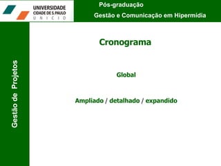 Cronograma Global Pós-graduação  Gestão e Comunicação em Hipermídia Gestão de  Projetos Ampliado  /  detalhado  /  expandido 