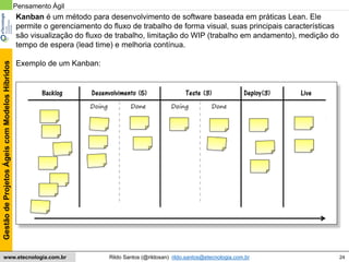 24
GestãodeProjetosÁgeiscomModelosHíbridos
Rildo Santos (@rildosan) rildo.santos@etecnologia.com.brwww.etecnologia.com.br
Kanban é um método para desenvolvimento de software baseada em práticas Lean. Ele
permite o gerenciamento do fluxo de trabalho de forma visual, suas principais características
são visualização do fluxo de trabalho, limitação do WIP (trabalho em andamento), medição do
tempo de espera (lead time) e melhoria contínua.
Exemplo de um Kanban:
Backlog Teste (3)Desenvolvimento (5) LiveDeploy(3)
Pensamento Ágil
 