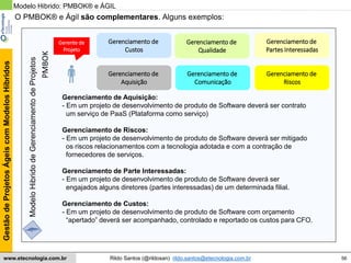 56
GestãodeProjetosÁgeiscomModelosHíbridos
Rildo Santos (@rildosan) rildo.santos@etecnologia.com.brwww.etecnologia.com.br
Modelo Hibrido: PMBOK® e ÁGIL
O PMBOK® e Ágil são complementares. Alguns exemplos:
Gerenciamento de
Custos
Gerenciamento de
Aquisição
Gerenciamento de
Qualidade
Gerenciamento de
Comunicação
Gerenciamento de
Partes Interessadas
Gerenciamento de
Riscos
Gerenciamento de Aquisição:
- Em um projeto de desenvolvimento de produto de Software deverá ser contrato
um serviço de PaaS (Plataforma como serviço)
Gerenciamento de Riscos:
- Em um projeto de desenvolvimento de produto de Software deverá ser mitigado
os riscos relacionamentos com a tecnologia adotada e com a contração de
fornecedores de serviços.
Gerenciamento de Parte Interessadas:
- Em um projeto de desenvolvimento de produto de Software deverá ser
engajados alguns diretores (partes interessadas) de um determinada filial.
Gerenciamento de Custos:
- Em um projeto de desenvolvimento de produto de Software com orçamento
“apertado” deverá ser acompanhado, controlado e reportado os custos para CFO.
ModeloHibridodeGerenciamentodeProjetos
PMBOK Gerente de
Projeto
 