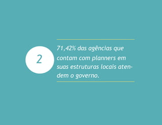 2
71,42% das agências que
contam com planners em
suas estruturas locais aten-
dem o governo.
 
