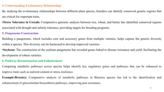 4. Understanding Evolutionary Relationships
By studying the evolutionary relationships between different plant species, breeders can identify conserved genetic regions that
are critical for important traits.
•Stress Tolerance in Cereals: Comparative genomic analysis between rice, wheat, and barley has identified conserved regions
associated with drought and salinity tolerance, providing targets for breeding programs.
5. Pangenome Construction
Building a pangenome, which includes core and accessory genes from multiple varieties, helps capture the genetic diversity
within a species. This diversity can be harnessed to develop improved varieties.
•Soybean: The construction of the soybean pangenome has revealed genes linked to disease resistance and yield, facilitating the
development of robust varieties.
6. Pathway Reconstruction and Enhancement
Comparing metabolic pathways across species helps identify key regulatory genes and pathways that can be enhanced to
improve traits such as nutrient content or stress resilience.
Example:Brassica: Comparative analysis of metabolic pathways in Brassica species has led to the identification and
enhancement of glucosinolate biosynthesis pathways, improving pest resistance.
20
 
