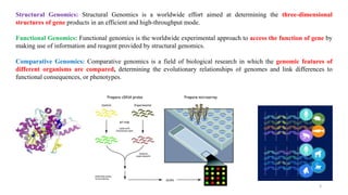 Structural Genomics: Structural Genomics is a worldwide effort aimed at determining the three-dimensional
structures of gene products in an efficient and high-throughput mode.
Functional Genomics: Functional genomics is the worldwide experimental approach to access the function of gene by
making use of information and reagent provided by structural genomics.
Comparative Genomics: Comparative genomics is a field of biological research in which the genomic features of
different organisms are compared, determining the evolutionary relationships of genomes and link differences to
functional consequences, or phenotypes.
3
 