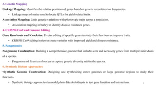 3. Genetic Mapping
Linkage Mapping: Identifies the relative positions of genes based on genetic recombination frequencies.
• Linkage maps of maize used to locate QTLs for yield-related traits.
Association Mapping: Links genetic variations with phenotypic traits across a population.
• Association mapping in barley to identify disease resistance genes.
4. CRISPR/Cas9 and Genome Editing
Gene Knockouts and Knock-ins: Precise editing of specific genes to study their functions or improve traits.
• CRISPR/Cas9 editing in rice to create varieties with improved yield and disease resistance.
5. Pangenomics
Pangenome Construction: Building a comprehensive genome that includes core and accessory genes from multiple individuals
of a species.
• Pangenome of Brassica oleracea to capture genetic diversity within the species.
6. Synthetic Biology Approaches
•Synthetic Genome Construction: Designing and synthesizing entire genomes or large genomic regions to study their
functions.
• Synthetic biology approaches in model plants like Arabidopsis to test gene function and interactions. 6
 