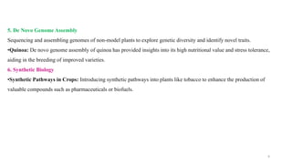 9
5. De Novo Genome Assembly
Sequencing and assembling genomes of non-model plants to explore genetic diversity and identify novel traits.
•Quinoa: De novo genome assembly of quinoa has provided insights into its high nutritional value and stress tolerance,
aiding in the breeding of improved varieties.
6. Synthetic Biology
•Synthetic Pathways in Crops: Introducing synthetic pathways into plants like tobacco to enhance the production of
valuable compounds such as pharmaceuticals or biofuels.
 