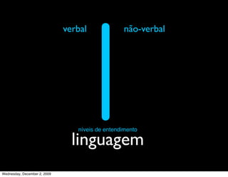 verbal              não-verbal




                                 níveis de entendimento

                                linguagem
Wednesday, December 2, 2009
 