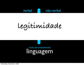 verbal              não-verbal



                         legitimidade

                                 níveis de entendimento

                                linguagem
Wednesday, December 2, 2009
 