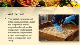Wet method:
• The fruit of cucumber and
bitter gourd, summer squash
and long melon are cut
longitudinally and seed is
scooped out while fruit of
muskmelon and pumpkin
are cut into two piece and
seed is scooped out from
cavity.
 