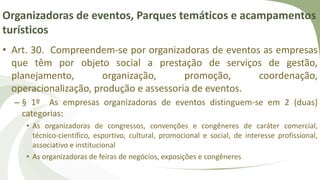 Organizadoras de eventos, Parques temáticos e acampamentos
turísticos
• Art. 30. Compreendem-se por organizadoras de eventos as empresas
que têm por objeto social a prestação de serviços de gestão,
planejamento, organização, promoção, coordenação,
operacionalização, produção e assessoria de eventos.
– § 1º As empresas organizadoras de eventos distinguem-se em 2 (duas)
categorias:
• As organizadoras de congressos, convenções e congêneres de caráter comercial,
técnico-científico, esportivo, cultural, promocional e social, de interesse profissional,
associativo e institucional
• As organizadoras de feiras de negócios, exposições e congêneres
 