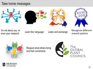 25
Take home messages
It’s not about you, or
even your research
Learn the ‘language’ Listen and exchange
Respect what others bring
and their constraints
Recognize different
reward systems
 