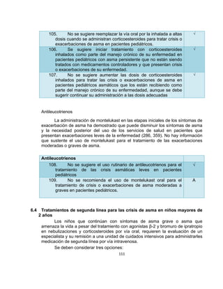 105.
No se sugiere reemplazar la vía oral por la inhalada a altas
dosis cuando se administran corticoesteroides para tratar crisis o
exacerbaciones de asma en pacientes pediátricos.
106.
Se sugiere iniciar tratamiento con corticoesteroides
inhalados como parte del manejo crónico de su enfermedad en
pacientes pediátricos con asma persistente que no están siendo
tratados con medicamentos controladores y que presentan crisis
o exacerbaciones de su enfermedad.
107.
No se sugiere aumentar las dosis de corticoesteroides
inhalados para tratar las crisis o exacerbaciones de asma en
pacientes pediátricos asmáticos que los están recibiendo como
parte del manejo crónico de su enfermedadad, aunque se debe
sugerir continuar su administración a las dosis adecuadas

√

√

√

Antileucotrienos
La administración de montelukast en las etapas iniciales de los síntomas de
exacerbación de asma ha demostrado que puede disminuir los síntomas de asma
y la necesidad posterior del uso de los servicios de salud en pacientes que
presentan exacerbaciones leves de la enfermedad (286, 359). No hay información
que sustente el uso de montelukast para el tratamiento de las exacerbaciones
moderadas o graves de asma.
Antileucotrienos
108.
No se sugiere el uso rutinario de antileucotrienos para el
tratamiento de las crisis asmáticas leves en pacientes
pediátricos
109.
No se recomienda el uso de montelukast oral para el
tratamiento de crisis o exacerbaciones de asma moderadas a
graves en pacientes pediátricos.

6.4

√

A

Tratamientos de segunda línea para las crisis de asma en niños mayores de
2 años
Los niños que continúan con síntomas de asma grave o asma que
amenaza la vida a pesar del tratamiento con agonistas β-2 y bromuro de ipratropio
en nebulizaciones y corticosteroides por vía oral, requieren la evaluación de un
especialista y su remisión a una unidad de cuidados intensivos para administrarles
medicación de segunda línea por vía intravenosa.
Se deben considerar tres opciones:
111

 