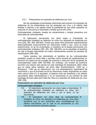 8.2.1

Preescolares con episodios de sibilancias por virus

No hay estrategias comprobadas claramente para prevenir los episodios de
sibilancias en los preescolares que las presentan por virus y el médico está
limitado a informar a los padres sobre la posibilidad de que estos episodios se
reduzcan en frecuencia e intensidad a medida que el niño crece.
Corticosteroides inhalados: terapia de mantenimiento y terapia preventiva con
dosis altas de corticosteroides
El tratamiento permanente con dosis bajas e intermedias de
corticosteroides inhalados es inefectivo en niños con episodios de sibilancias por
virus (259, 293, 396, 399-402). Puesto que estos niños presentan exacerbaciones
desencadenadas exclusivamente por infecciones virales y que, como se anotó
anteriormente, no se ha comprobado un beneficio de la terapia permanente con
corticosteroides inhalados (259, 293, 396, 399-402), se ha estudiado el beneficio
de usar la terapia intermitente con estos medicamentos durante los periodos de
exacerbación (399, 400).
Varios estudios han demostrado el beneficio de los corticosteroides
inhalados usados en dosis altas y periodos cortos durante las agudizaciones en
términos de mejoría de los puntajes de síntomas y reducción de la necesidad de
corticosteroides orales (399, 403-406). Sin embargo, una revisión de Cochrane
encontró una mejoría solo parcial con esta estrategia de terapéutica (400). Dado
que en todos estos estudios, las dosis altas (beclometasona, 1.600 µg, o
fluticasona, 1.500 µg) se relacionaron con una desaceleración significativa del
crecimiento y que el promedio anual de infecciones virales respiratorias en estos
niños estuvo entre 6 y 8 episodios, el balance entre los beneficios y los efectos
secundarios debe individualizarse y no se recomienda el uso rutinario de esta
estrategia de dosis altas para tratar los niños con episodios de sibilancias por virus
(396, 399).
Preescolares con episodios de sibilancias por virus
Corticosteroides inhalados
124.
El tratamiento permanente con dosis bajas e intermedias B
de corticosteroides inhalados es inefectivo en niños con
episodios de sibilancias por virus y, por lo tanto, no se
recomienda.
125.
El tratamiento con dosis altas de corticosteroides B
inhalados en niños con episodios de sibilancias por virus tiene
beneficios que no son suficientes para contrabalancear los
efectos secundarios, por lo cual no se recomienda su uso
rutinario durante los episodios agudos.
122

 