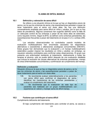 10. ASMA DE DIFÍCIL MANEJO

10.1

Definición y valoración de asma difícil
Se refiere a una situación clínica en la que ya hay un diagnóstico previo de
asma y en la que los síntomas de asma y las exacerbaciones persisten a pesar de
tener tratamiento para el asma con dosis altas. No hay una definición
universalmente aceptada para asma difícil en niños y adultos, por lo que no hay
datos de prevalencia. Algunos consensos han sugerido definirlo como la falla de
un adecuado control de los síntomas a pesar de las dosis altas de esteroides,
como requisito mínimo. Según la BTS, se definen como síntomas persistentes, las
exacerbaciones frecuentes a pesar del tratamiento en el paso 4 o 5, o ambas (446,
447).
Los estudios observacionales no controlados usando modelos de
evaluación multidisciplinaria han encontrado asociados los diagnósticos
alternativos o coexistentes o alteraciones sicológicas concomitantes (448-451).
Estos grupos han demostrado que la evaluación y el manejo multidisciplinario
sistemático pueden mejorar los resultados en niños y adultos; sin embargo, se
requieren estudios controlados para confirmar estas observaciones. El grupo que
presenta una enfermedad resistente al tratamiento, relativamente a todas las
terapias al alcance, solo se puede definir después de una evaluación detallada
que incluye la exclusión de causas alternativas de síntomas persistentes, manejo
de otras enfermedades concomitantes y confirmación de cumplimiento del manejo.
Definición y evaluación
Situación clínica en la que ya hay un diagnóstico previo de asma y en la
que los síntomas de asma y las exacerbaciones persisten a pesar de
tener tratamiento para el asma con dosis altas
138.
Se recomienda evaluar sistemáticamente a los pacientes
con asma difícil para confirmar el diagnostico de asma,
identificar los mecanismos de los síntomas persistentes y
evaluar el cumplimiento del tratamiento.
139.
Se recomienda que la evaluación de este tipo de
pacientes sea realizada por un grupo multidisciplinario con
experiencia en valorar y manejar asma de difícil manejo.

10.2

D

D

Factores que contribuyen al asma difícil
Cumplimiento deficiente del tratamiento
El bajo cumplimiento del tratamiento para controlar el asma, se asocia a
128

 