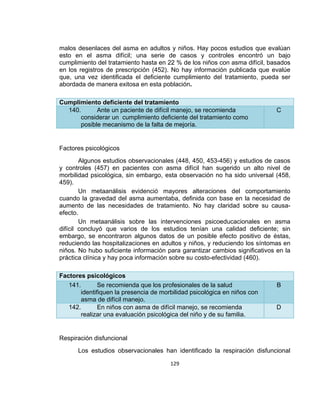 malos desenlaces del asma en adultos y niños. Hay pocos estudios que evalúan
esto en el asma difícil; una serie de casos y controles encontró un bajo
cumplimiento del tratamiento hasta en 22 % de los niños con asma difícil, basados
en los registros de prescripción (452). No hay información publicada que evalúe
que, una vez identificada el deficiente cumplimiento del tratamiento, pueda ser
abordada de manera exitosa en esta población.
Cumplimiento deficiente del tratamiento
140.
Ante un paciente de difícil manejo, se recomienda
considerar un cumplimiento deficiente del tratamiento como
posible mecanismo de la falta de mejoría.

C

Factores psicológicos
Algunos estudios observacionales (448, 450, 453-456) y estudios de casos
y controles (457) en pacientes con asma difícil han sugerido un alto nivel de
morbilidad psicológica, sin embargo, esta observación no ha sido universal (458,
459).
Un metaanálisis evidenció mayores alteraciones del comportamiento
cuando la gravedad del asma aumentaba, definida con base en la necesidad de
aumento de las necesidades de tratamiento. No hay claridad sobre su causaefecto.
Un metaanálisis sobre las intervenciones psicoeducacionales en asma
difícil concluyó que varios de los estudios tenían una calidad deficiente; sin
embargo, se encontraron algunos datos de un posible efecto positivo de éstas,
reduciendo las hospitalizaciones en adultos y niños, y reduciendo los síntomas en
niños. No hubo suficiente información para garantizar cambios significativos en la
práctica clínica y hay poca información sobre su costo-efectividad (460).
Factores psicológicos
141.
Se recomienda que los profesionales de la salud
identifiquen la presencia de morbilidad psicológica en niños con
asma de difícil manejo.
142.
En niños con asma de difícil manejo, se recomienda
realizar una evaluación psicológica del niño y de su familia.

B

D

Respiración disfuncional
Los estudios observacionales han identificado la respiración disfuncional
129

 