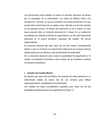 Las transiciones entre estados se hacen en períodos discretos de tiempo
por la naturaleza de la enfermedad. Los ciclos de Markov tienen una
duración de 1 semana, ya que se consideró una unidad de tiempo en la que
puede haber transiciones de un estado a otro. Además, era la más utilizada
en los estudios previos. El tiempo de tratamiento es de 3 meses. El caso
base evaluado tiene un horizonte temporal de 3 meses. En un análisis de
sensibilidad se extiende el tiempo de seguimiento a un año (del tratamiento
efectuado en el primer trimestre). Supuesto del modelo: No asume
estacionalidad.
El horizonte temporal del caso base fue de tres meses, principalmente
debido a que es el tiempo de seguimiento habitual de los ensayos clínicos
aleatorizados que se utilizaron para la estimación de efectividad.
En un escenario adicional, para evaluar la posibilidad de seguimiento a 12
meses, se extrapoló el horizonte a doce meses. No se modelaron cambios
de esquema terapéutico.



Estados del modelo Markov

Se decidió que cada ciclo de Markov (la duración de cada paciente en un
determinado estado de salud) sea de una semana para reflejar
adecuadamente la variabilidad de la enfermedad.
Los estados de salud considerados (repetidos para cada una de las
estrategias terapéuticas) son los siguientes (ver figura 1):

200

 