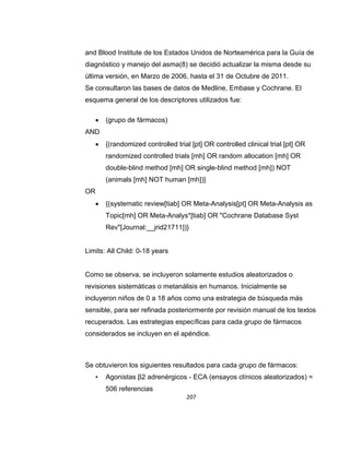 and Blood Institute de los Estados Unidos de Norteamérica para la Guía de
diagnóstico y manejo del asma(8) se decidió actualizar la misma desde su
última versión, en Marzo de 2006, hasta el 31 de Octubre de 2011.
Se consultaron las bases de datos de Medline, Embase y Cochrane. El
esquema general de los descriptores utilizados fue:


(grupo de fármacos)

AND


{(randomized controlled trial [pt] OR controlled clinical trial [pt] OR
randomized controlled trials [mh] OR random allocation [mh] OR
double-blind method [mh] OR single-blind method [mh]) NOT
(animals [mh] NOT human [mh])}

OR


{(systematic review[tiab] OR Meta-Analysis[pt] OR Meta-Analysis as
Topic[mh] OR Meta-Analys*[tiab] OR "Cochrane Database Syst
Rev"[Journal:__jrid21711])}

Limits: All Child: 0-18 years

Como se observa, se incluyeron solamente estudios aleatorizados o
revisiones sistemáticas o metanálisis en humanos. Inicialmente se
incluyeron niños de 0 a 18 años como una estrategia de búsqueda más
sensible, para ser refinada posteriormente por revisión manual de los textos
recuperados. Las estrategias específicas para cada grupo de fármacos
considerados se incluyen en el apéndice.

Se obtuvieron los siguientes resultados para cada grupo de fármacos:
•

Agonistas β2 adrenérgicos - ECA (ensayos clínicos aleatorizados) =
506 referencias
207

 