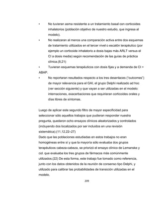 •

No tuvieran asma resistente a un tratamiento basal con corticoides
inhalatorios (población objetivo de nuestro estudio, que ingresa al
modelo).

•

No realizaran al menos una comparación activa entre dos esquemas
de tratamiento utilizados en el tercer nivel o escalón terapéutico (por
ejemplo un corticoide inhalatorio a dosis bajas más ARLT versus el
CI a dosis media) según recomendación de las guías de práctica
clínica.(8,21)

•

Tuvieran esquemas terapéuticos con dosis fijas y a demanda de CI +

ABAP.
•

No reportaran resultados respecto a los tres desenlaces (“outcomes”)
de mayor relevancia para el GAI, el grupo Delphi realizado ad hoc
(ver sección siguiente) y que vayan a ser utilizadas en el modelo:
internaciones, exacerbaciones que requirieran corticoides orales y
días libres de síntomas.

Luego de aplicar este segundo filtro de mayor especificidad para
seleccionar sólo aquellos trabajos que pudieran responder nuestra
pregunta, quedaron ocho ensayos clínicos aleatorizados y controlados
(incluyendo dos localizados por ser incluidos en una revisión
sistemática).(11,12,22–27)
Dado que las poblaciones estudiadas en estos trabajos no eran
homogéneas entre sí y que la mayoría sólo evaluaba dos grupos
terapéuticos cabeza-cabeza, se priorizó el ensayo clínico de Lemanske y
col. que evaluaba los tres grupos de fármacos más comúnmente
utilizados.(22) De esta forma, este trabajo fue tomado como referencia,
junto con los datos obtenidos de la reunión de consenso tipo Delphi, y
utilizado para calibrar las probabilidades de transición utilizadas en el
modelo.
209

 