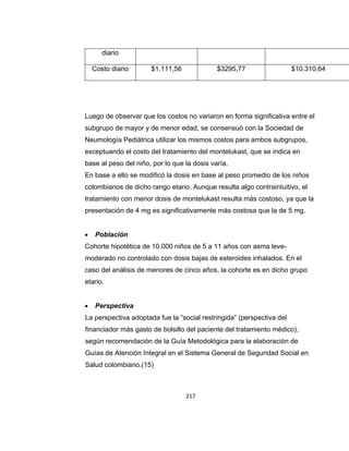 diario
Costo diario

$1.111,56

$3295,77

$10.310,64

Luego de observar que los costos no variaron en forma significativa entre el
subgrupo de mayor y de menor edad, se consensuó con la Sociedad de
Neumología Pediátrica utilizar los mismos costos para ambos subgrupos,
exceptuando el costo del tratamiento del montelukast, que se indica en
base al peso del niño, por lo que la dosis varía.
En base a ello se modificó la dosis en base al peso promedio de los niños
colombianos de dicho rango etario. Aunque resulta algo contraintuitivo, el
tratamiento con menor dosis de montelukast resulta más costoso, ya que la
presentación de 4 mg es significativamente más costosa que la de 5 mg.


Población

Cohorte hipotética de 10.000 niños de 5 a 11 años con asma levemoderado no controlado con dosis bajas de esteroides inhalados. En el
caso del análisis de menores de cinco años, la cohorte es en dicho grupo
etario.


Perspectiva

La perspectiva adoptada fue la “social restringida” (perspectiva del
financiador más gasto de bolsillo del paciente del tratamiento médico),
según recomendación de la Guía Metodológica para la elaboración de
Guías de Atención Integral en el Sistema General de Seguridad Social en
Salud colombiano.(15)

217

 