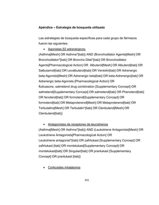 Apéndice – Estrategia de búsqueda utilizada

Las estrategias de búsqueda específicas para cada grupo de fármacos
fueron las siguientes:


Agonistas β2 adrenérgicos:

(Asthma[Mesh] OR Asthma*[tiab]) AND (Bronchodilator Agents[Mesh] OR
Bronchodilator*[tiab] OR Broncho Dilat*[tiab] OR Bronchodilator
Agents[Pharmacological Action] OR Albuterol[Mesh] OR Albuterol[tiab] OR
Salbutamol[tiab] OR Levalbuterol[tiab] OR Ventolin[tiab] OR Adrenergic
beta-Agonists[Mesh] OR Adrenergic beta[tiab] OR beta-Adrenergic[tiab] OR
Adrenergic beta-Agonists [Pharmacological Action] OR
fluticasone, salmeterol drug combination [Supplementary Concept] OR
salmeterol[Supplementary Concept] OR salmeterol[tiab] OR Phenoterol[tiab]
OR fenoterol[tiab] OR formoterol[Supplementary Concept] OR
formoterol[tiab] OR Metaproterenol[Mesh] OR Metaproterenol[tiab] OR
Terbutaline[Mesh] OR Terbutalin*[tiab] OR Clenbuterol[Mesh] OR
Clenbuterol[tiab])


Antagonistas de receptores de leucotrienos

(Asthma[Mesh] OR Asthma*[tiab]) AND (Leukotriene Antagonists[Mesh] OR
Leukotriene Antagonists[Pharmacological Action] OR
Leukotriene antagonist*[tiab] OR zafirlukast [Supplementary Concept] OR
zafirlukast [tiab] OR montelukast[Supplementary Concept] OR
montelukast[tiab] OR Singulair[tiab] OR pranlukast [Supplementary
Concept] OR pranlukast [tiab])


Corticoides inhalatorios

241

 