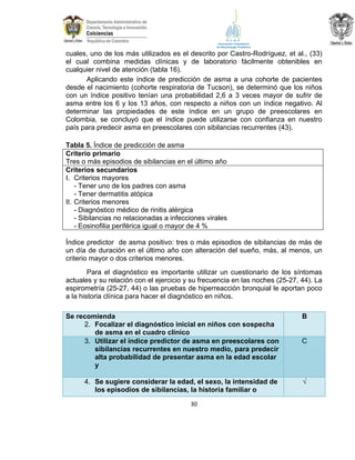 cuales, uno de los más utilizados es el descrito por Castro-Rodríguez, et al., (33)
el cual combina medidas clínicas y de laboratorio fácilmente obtenibles en
cualquier nivel de atención (tabla 16).
Aplicando este índice de predicción de asma a una cohorte de pacientes
desde el nacimiento (cohorte respiratoria de Tucson), se determinó que los niños
con un índice positivo tenían una probabilidad 2,6 a 3 veces mayor de sufrir de
asma entre los 6 y los 13 años, con respecto a niños con un índice negativo. Al
determinar las propiedades de este índice en un grupo de preescolares en
Colombia, se concluyó que el índice puede utilizarse con confianza en nuestro
país para predecir asma en preescolares con sibilancias recurrentes (43).
Tabla 5. Índice de predicción de asma
Criterio primario
Tres o más episodios de sibilancias en el último año
Criterios secundarios
I. Criterios mayores
- Tener uno de los padres con asma
- Tener dermatitis atópica
II. Criterios menores
- Diagnóstico médico de rinitis alérgica
- Sibilancias no relacionadas a infecciones virales
- Eosinofilia periférica igual o mayor de 4 %
Índice predictor de asma positivo: tres o más episodios de sibilancias de más de
un día de duración en el último año con alteración del sueño, más, al menos, un
criterio mayor o dos criterios menores.
Para el diagnóstico es importante utilizar un cuestionario de los síntomas
actuales y su relación con el ejercicio y su frecuencia en las noches (25-27, 44). La
espirometría (25-27, 44) o las pruebas de hiperreacción bronquial le aportan poco
a la historia clínica para hacer el diagnóstico en niños.
Se recomienda
2. Focalizar el diagnóstico inicial en niños con sospecha
de asma en el cuadro clínico
3. Utilizar el índice predictor de asma en preescolares con
sibilancias recurrentes en nuestro medio, para predecir
alta probabilidad de presentar asma en la edad escolar
y

B

4. Se sugiere considerar la edad, el sexo, la intensidad de
los episodios de sibilancias, la historia familiar o

√

30

C

 