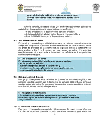 personal de atopia y el índice predictor de asma, como
factores indicadores de la persistencia del asma a largo
plazo

En este contexto, la historia clínica y el examen físico permiten clasificar la
probabilidad de presentar asma en un paciente como (figura 4):
- de alta probabilidad: el diagnóstico de asma es probable;
- de baja probabilidad: el diagnóstico de asma no es probable, y
- de probabilidad intermedia: el diagnóstico es incierto.
2.2

Alta probabilidad de asma
En los niños con una alta probabilidad de asma se recomienda pasar directamente
a la prueba terapéutica. la elección inicial del tratamiento se basa en la evaluación
del grado de gravedad de la enfermedad. la respuesta clínica al tratamiento se
debe evaluar a los 1 o 2 meses. en este grupo, se indican los estudios
complementarios si la respuesta al tratamiento es deficiente o si los pacientes
tienen enfermedad grave.
5. Alta probabilidad de asma
En niños con probabilidad alta de tener asma se sugiere:
- iniciar prueba terapéutica,
- evaluar la respuesta clínica al tratamiento y
- practicar estudios complementarios para aquellos que no
responden al tratamiento de prueba.

2.3

Baja probabilidad de asma
Este grupo corresponde a los pacientes en quienes los síntomas y signos, o los
primeros estudios sugieren que el diagnóstico de asma es poco probable o indican
un diagnóstico alternativo. En este grupo de pacientes se debe considerar ordenar
estudios adicionales y remitir al especialista.
6. Baja probabilidad de asma
. En niños con probabilidad baja de asma se sugiere remitir al
especialista para establecer el diagnóstico y considerar estudios
complementarios.

2.4

√

√

Probabilidad intermedia de asma.
Este grupo corresponde en especial a niños menores de cuatro o cinco años, en
los que en la primera consulta no hay suficientes elementos para hacer un
31

 