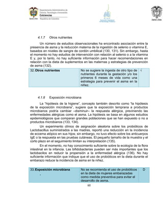4.1.7

Otros nutrientes

Un número de estudios observacionales ha encontrado asociación entre la
presencia de asma y la reducción materna de la ingestión de selenio o vitamina E,
basados en niveles de sangre de cordón umbilical (130, 131). Sin embargo, hasta
el momento no hay estudios de intervención con relación al selenio o a la vitamina
E y, por lo tanto, no hay suficiente información para hacer recomendaciones en
relación con la dieta de suplementos en las maternas y estrategias de prevención
de asma (132).
No se sugiere la ingesta de otro tipo de √
32. Otros nutrientes
nutrientes durante la gestación y/o los
primeros 6 meses de vida como una
estrategia para prevenir el asma en la
niñez.

4.1.8

Exposición microbiana

La “hipótesis de la higiene”, concepto también descrito como “la hipótesis
de la exposición microbiana”, sugiere que la exposición temprana a productos
microbianos podría cambiar –disminuir– la respuesta alérgica, previniendo las
enfermedades alérgicas como el asma. La hipótesis se basa en algunos estudios
epidemiológicos que comparan grandes poblaciones que se han expuesto o no a
productos microbianos (133, 134).
Un experimento clínico de asignación aleatoria sobre los probióticos de
Lactobacillus suministrados a las madres, reportó una reducción en la incidencia
de eccema atópico en sus hijos; sin embargo, no tuvo efecto sobre los anticuerpos
IgE o la respuesta en las pruebas cutáneas. El pequeño tamaño de la muestra y el
corto plazo en el seguimiento limitan su interpretación (135).
En el momento, no hay conocimiento suficiente sobre la ecología de la flora
intestinal en la infancia. Las bifidobacterias pueden ser más importantes que los
lactobacilos en reducir la propensión a la enfermedad alérgica (136). No hay
suficiente información que indique que el uso de probióticos en la dieta durante el
embarazo reduce la incidencia de asma en la niñez.
33. Exposición microbiana
.

No se recomienda el uso de probióticos
en la dieta de mujeres embarazadas
como medida preventiva para evitar el
desarrollo de asma.
60

D

 