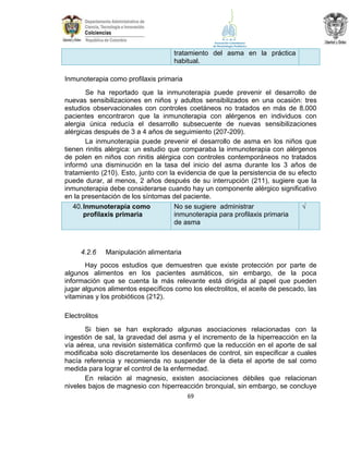 tratamiento del asma en la práctica
habitual.
Inmunoterapia como profilaxis primaria
Se ha reportado que la inmunoterapia puede prevenir el desarrollo de
nuevas sensibilizaciones en niños y adultos sensibilizados en una ocasión: tres
estudios observacionales con controles coetáneos no tratados en más de 8.000
pacientes encontraron que la inmunoterapia con alérgenos en individuos con
alergia única reducía el desarrollo subsecuente de nuevas sensibilizaciones
alérgicas después de 3 a 4 años de seguimiento (207-209).
La inmunoterapia puede prevenir el desarrollo de asma en los niños que
tienen rinitis alérgica: un estudio que comparaba la inmunoterapia con alérgenos
de polen en niños con rinitis alérgica con controles contemporáneos no tratados
informó una disminución en la tasa del inicio del asma durante los 3 años de
tratamiento (210). Esto, junto con la evidencia de que la persistencia de su efecto
puede durar, al menos, 2 años después de su interrupción (211), sugiere que la
inmunoterapia debe considerarse cuando hay un componente alérgico significativo
en la presentación de los síntomas del paciente.
No se sugiere administrar
40. Inmunoterapia como
√
inmunoterapia para profilaxis primaria
profilaxis primaria
de asma

4.2.6

Manipulación alimentaria

Hay pocos estudios que demuestren que existe protección por parte de
algunos alimentos en los pacientes asmáticos, sin embargo, de la poca
información que se cuenta la más relevante está dirigida al papel que pueden
jugar algunos alimentos específicos como los electrolitos, el aceite de pescado, las
vitaminas y los probióticos (212).
Electrolitos
Si bien se han explorado algunas asociaciones relacionadas con la
ingestión de sal, la gravedad del asma y el incremento de la hiperreacción en la
vía aérea, una revisión sistemática confirmó que la reducción en el aporte de sal
modificaba solo discretamente los desenlaces de control, sin especificar a cuales
hacía referencia y recomienda no suspender de la dieta el aporte de sal como
medida para lograr el control de la enfermedad.
En relación al magnesio, existen asociaciones débiles que relacionan
niveles bajos de magnesio con hiperreacción bronquial, sin embargo, se concluye
69

 