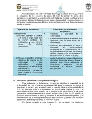 Cuando el asma no está controlada, disminuye la calidad de vida y aumenta
la utilización de los servicios de salud. El nivel de control de asma (bien
controlado, no controlado y parcialmente controlado) es el grado en el cual ambas
dimensiones de las manifestaciones de asma, discapacidad y riesgo, disminuyen
por la intervención terapéutica. El nivel de control determina si se debe mantener o
ajustar la terapia.
Objetivos del tratamiento
Se recomienda
50. Intentar alcanzar el control
del asma a largo plazo con
la menor cantidad de
medicación y con mínimo
riesgo
de
efectos
secundarios

A

51. Buscar un equilibrio entre los
objetivos del manejo de la
enfermedad
y
los
potenciales
efectos
secundarios derivados de la
administración
de
medicamentos
necesarios
para obtener el control total
del asma.

√

5.2








Enfoque del escalonamiento
terapeutico
Clasificar
la
gravedad
de
la
enfermedad,
Comenzar la terapia en el escalón más
apropiado para el nivel inicial de la
enfermedad
Controlar tempranamente el asma y
mantener
el
escalonamiento
terapéutico (o la intensificación de la
terapia) el tiempo que sea necesario y
realizar una reducción escalonada de la
terapia cuando el control es bueno.
Antes de iniciar un nuevo medicamento
el medico debe estar seguro de que el
paciente tiene buena adherencia al
tratamiento,
adecuada
técnica
inhalatoria
y
eliminar
factores
precipitantes

Directrices para iniciar la terapia farmacológica
Para establecer el tratamiento, primero se clasifica la gravedad de la
enfermedad, ya que el manejo escalonado del asma comprende comenzar la
terapia en el escalón más apropiado para el nivel inicial de la enfermedad (Tabla
8, 9, 10). Una vez se inicia el tratamiento, su énfasis debe dirigirse al control del
asma determinando si el objetivo de la terapia se ha alcanzado y si el ajuste
(aumento o reducción escalonada) en ella es apropiado (Tabla 11). El objetivo es
controlar tempranamente el asma y mantener el escalonamiento terapéutico (o la
intensificación de la terapia) el tiempo que sea necesario y realizar una reducción
escalonada de la terapia cuando el control es bueno.
En forma paralela a esta intervención, se requieren los siguientes
78

 